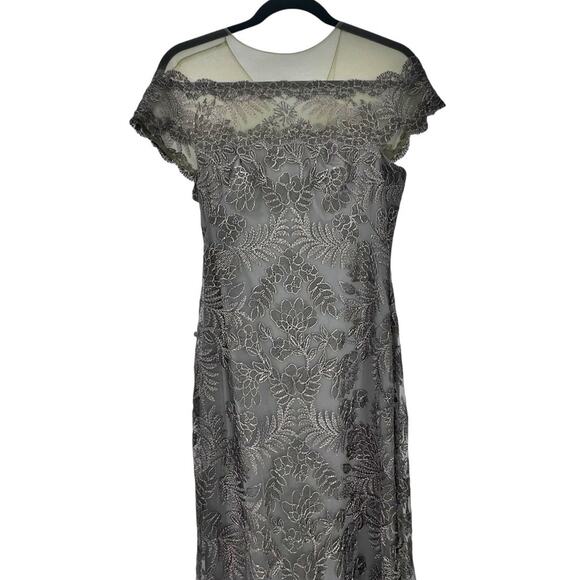 Tadashi Shoji Illusion Neck Lace Gown Embroidered Dark Pearl Size 2 NWT - Picture 6 of 12